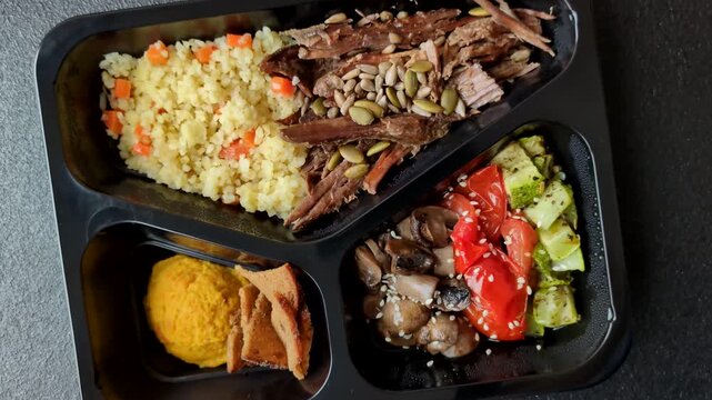 A bowl with beef, porridge, mushrooms, vegetables, sauce, and spices. Beef bowl as a food background for your design