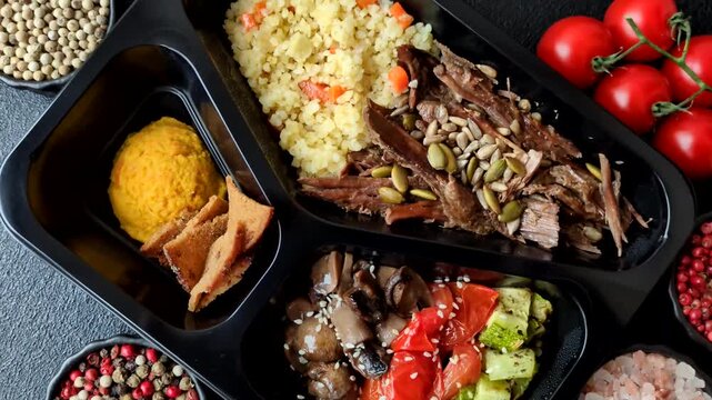 A bowl with beef, porridge, mushrooms, vegetables, sauce, and spices. Beef bowl as a food background for your design