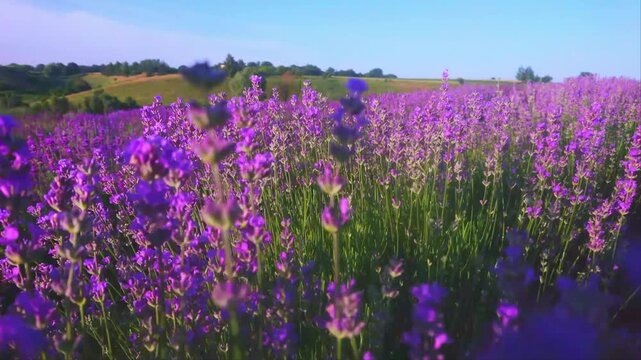 Motion through the purple lavender shrubs in the field