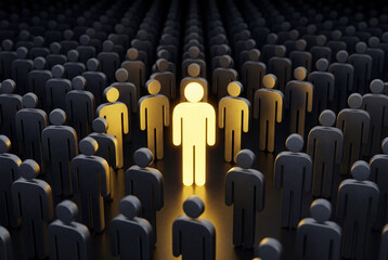Obraz premium Glowing yellow human figure among dark grey group symbols