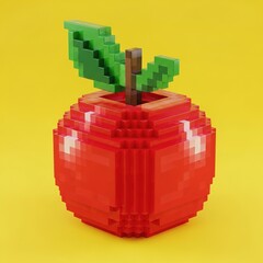 Naklejka premium Red delicious apple with green leaves created in pixel art voxel style over bright yellow background