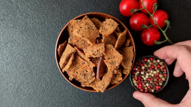 Croutons or crackers made from rye bread with garlic, salt, and spices, a salad ingredient. Croutons with salt and garlic as a food background for your design
