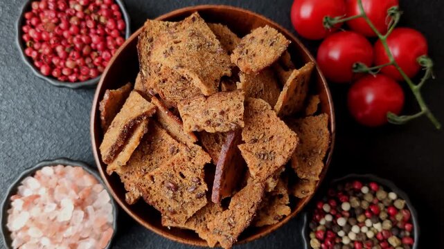 Croutons or crackers made from rye bread with garlic, salt, and spices, a salad ingredient. Croutons with salt and garlic as a food background for your design