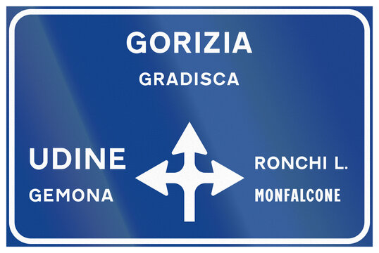 Road sign used in Italy - Highway intersection to Udine, Gorizia and Ronchi