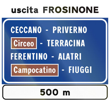 Road sign used in Italy - Destinations from the next exit on expressway