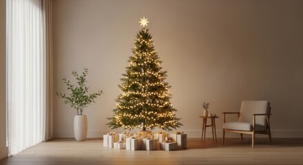 Fototapeta premium Christmas tree with lights and gifts in minimalist living room