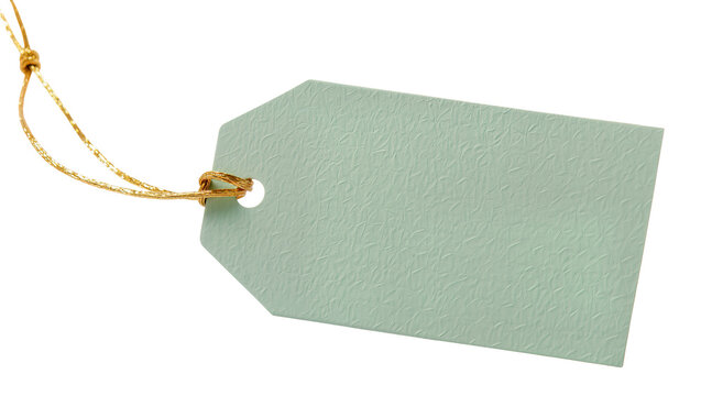 Light green textured blank gift tag with a shiny gold string, isolated PNG on transparent background, perfect for pricing or labeling