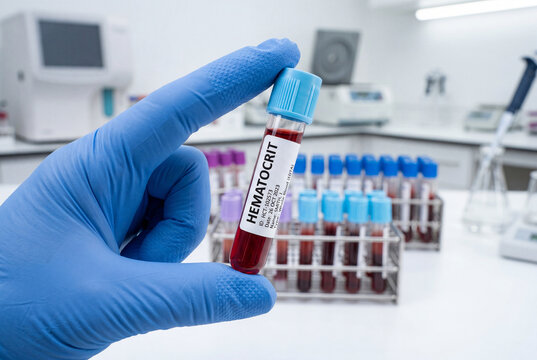 Gloved hand holding hematocrit blood sample tube in clinical lab