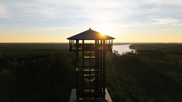 Aerial drone footage of a wooden observation tower surrounded by forest with a lake in the background at sunrise, warm morning light, peaceful nature landscape.