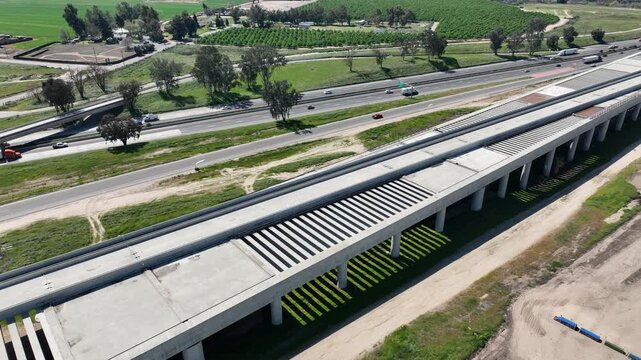 An incomplete section of the California High speed rail infrastructure project stands in Fresno, California, USA.