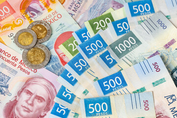 Mexico money. Lots of cash, financial success, business background. Concept of winning. Mexican peso