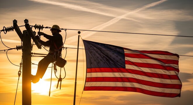 Electrical lineman working on power lines with American flag at sunset