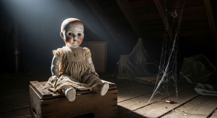 Fototapeta premium Vintage porcelain doll on wooden crate in dusty attic with cobwebs