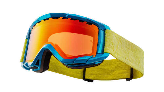 Vibrant blue and yellow ski goggles with a striking orange reflective lens, perfectly isolated PNG on a transparent background, ready for winter sports design projects