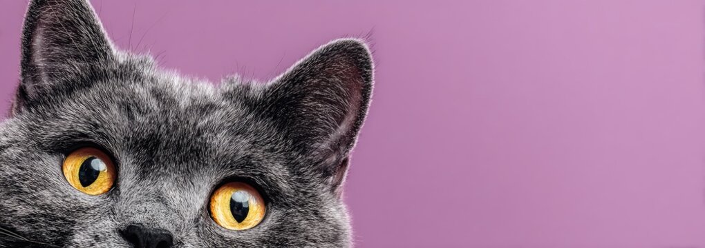 Close up of a grey cat with yellow eyes on a purple background