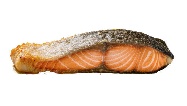 Delicious pan-seared salmon fillet with crispy skin and vibrant orange flesh, isolated healthy seafood meal PNG