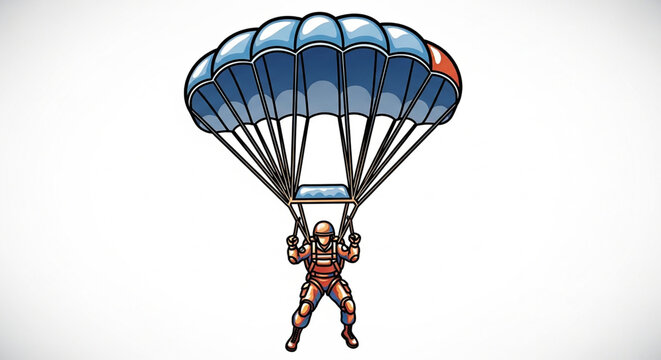 A cartoon illustration of a parachuter in mid-air with a blue parachute
