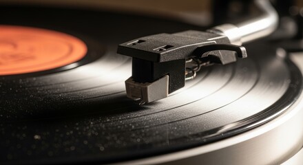 Vintage turntable needle on spinning vinyl record in warm lighting