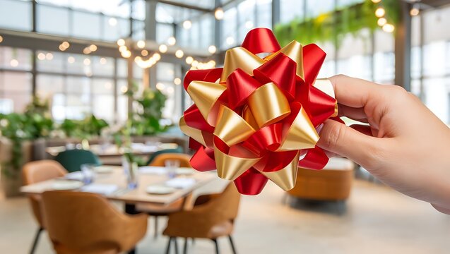 Hand holding a large red and gold gift bow in a restaurant, celebration and dining gift card concept