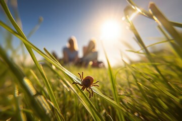 Naklejka premium Tick on Grass with a Couple Relaxing in a Sunny Park
