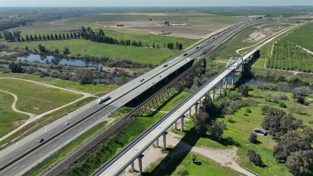 An incomplete section of the California High speed rail infrastructure project stands in Fresno, California, USA.
