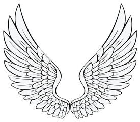 Fototapeta premium Illustration of stylized white angel wings with fine feather details in a symmetrical design.