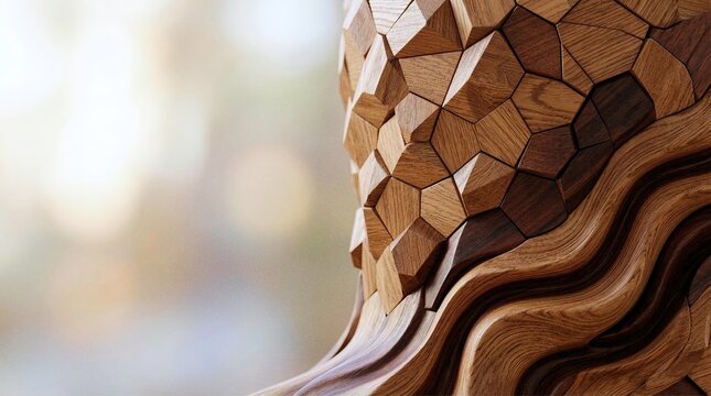 Close up of abstract parametric wooden texture with geometric polygons and smooth wavy layers