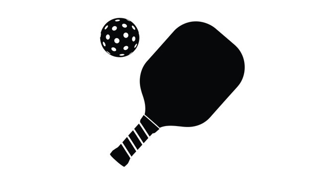 A minimalistic black and white illustration depicts a pickleball paddle and a perforated pickleball floating above it high quality professional detailed