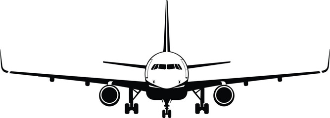 Airplane Silhouette Vector Illustration Front View Featuring Jet Engines and Wings for Commercial Aviation Travel Tourism Logistics Global Transport and Flight Concept