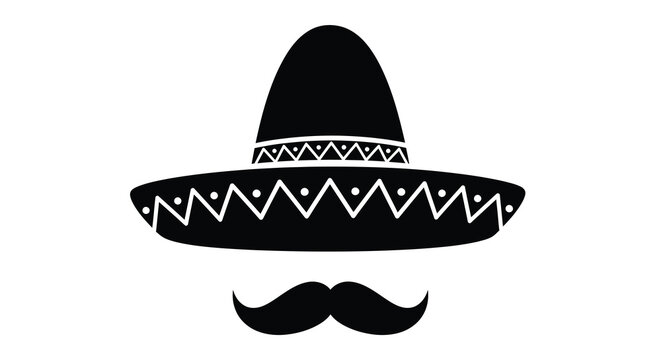 A simple black and white illustration depicts a traditional sombero hat paired with a thick stylized mustache below