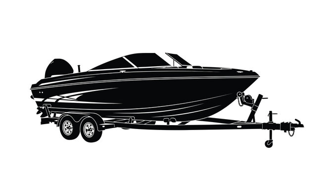 A stark black silhouette depicts a motorboat resting on a trailer showcasing its streamlined design and nautical features