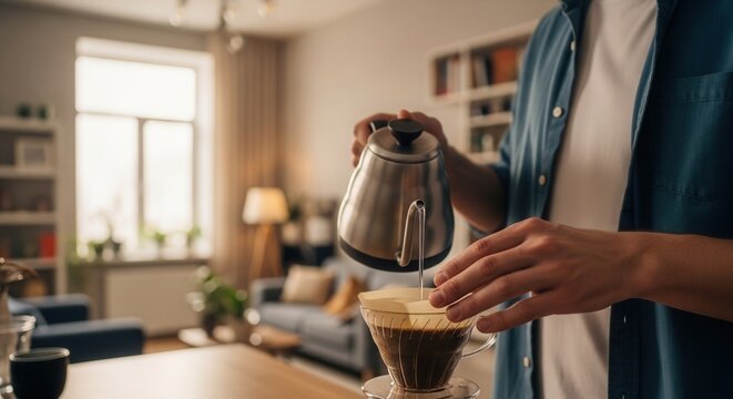 Man brewing filter coffee using pour over method with glass dripper and kettle. Home barista ritual in cozy living room with soft sunlight. Slow living and specialty coffee concept.