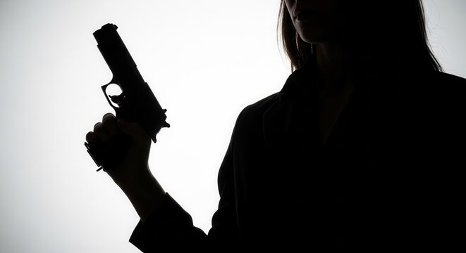 Silhouette of a confident woman in a jacket holding a handgun. Concept of professional female investigator, security officer, or spy. Moody studio lighting for noir and crime themes.