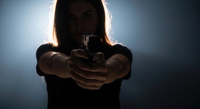 Dramatic front view of a woman pointing a gun directly at the camera. Silhouette with backlight on dark background. Concept of threat, self defense, crime, and justice in shadows.