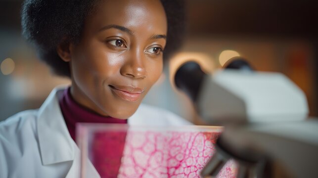Female doctor examining 3D printed organ scaffold under laboratory microscope, translucent bioprinted tissue visible with pink cellular structure and intricate blood vessel network, perfect for