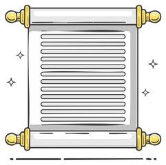 Fototapeta premium Ancient scroll with gold ends and star sparkles, blank paper, vector illustration