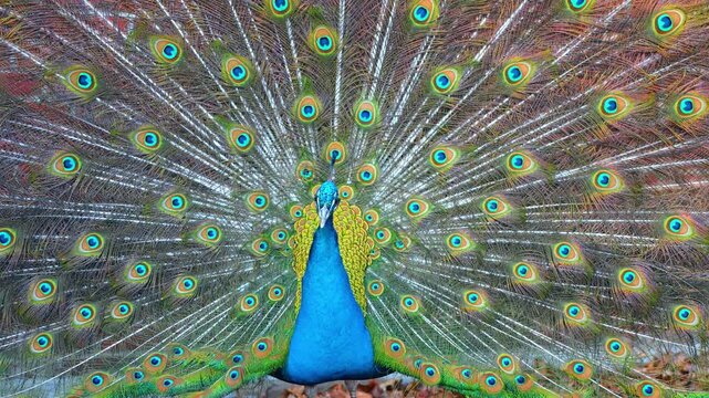 Close up of peacock head with displayed tail background. Detailed view of peafowl head and neck with blurred iridescent feathers in a fan shape behind.