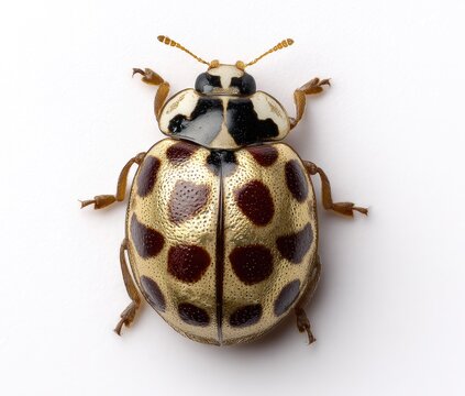 Close up of a golden ladybug with unique pattern against white background