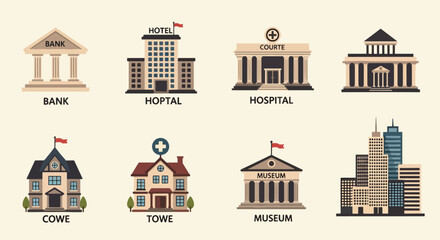 Obraz premium Icons representing various public buildings like a bank hospital courthouse university town hall museum and city skyscrapers presented in a bright and colorful style perfect for municipal