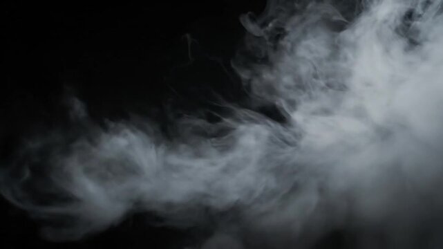 Cinematic slow motion white smoke drifting across a deep black background thick dense vapor cloud slowly expanding and flowing smoothly through the air organic swirling motion creating elegant soft sh