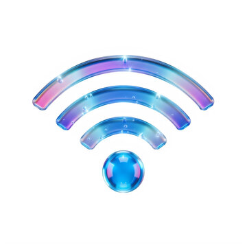 A shiny three dimensional glass wifi signal symbol with a vibrant blue and purple color gradient isolated on transparent background