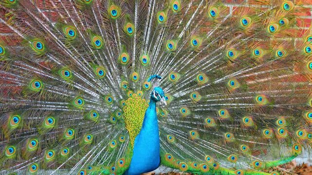 Side view of male peacock spreading colorful plumage outdoors. Profile of Indian peafowl with fully extended tail feathers showing eye patterns against a brick background.