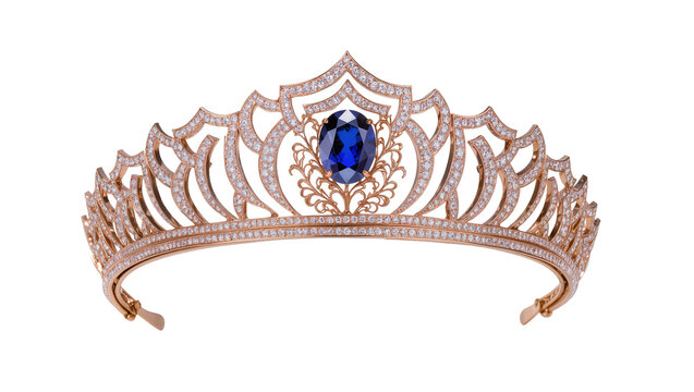 Stunning rose gold tiara featuring a large oval blue sapphire and numerous sparkling diamonds, a luxurious royal accessory isolated PNG