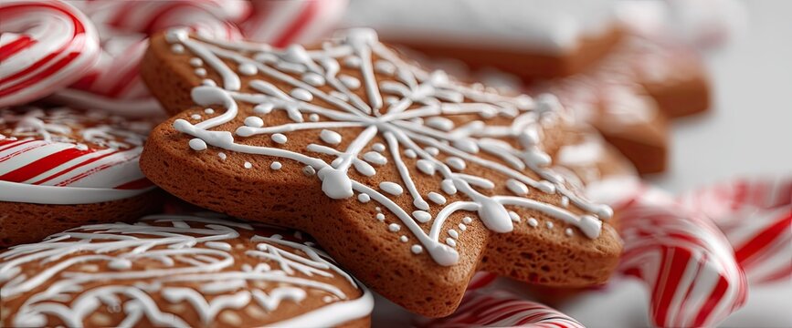 Decorated gingerbread cookies and candies for holiday season closeup shot