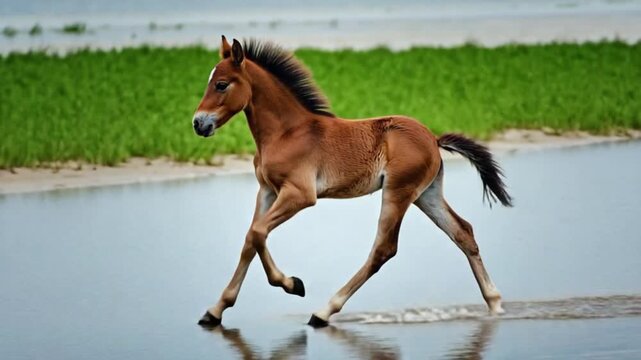Brown horse running in shallow water on beach