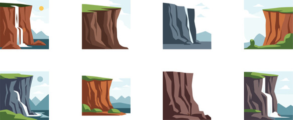 Cliff and waterfall landscape icons set. Flat cartoon nature scenes with rocky cliffs, cascades and mountains. Outdoor scenery collection in clean vector style. © HazelQueen