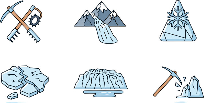 Arctic tools and glacier icons set. Flat cartoon ice mountains, snowflake, frozen rocks and ice axes. Winter exploration collection in clean vector style.