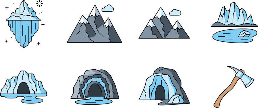 Arctic ice and mountain icons set. Flat cartoon glaciers, ice caves, frozen lakes and peaks with tools. Winter nature collection in vector style.