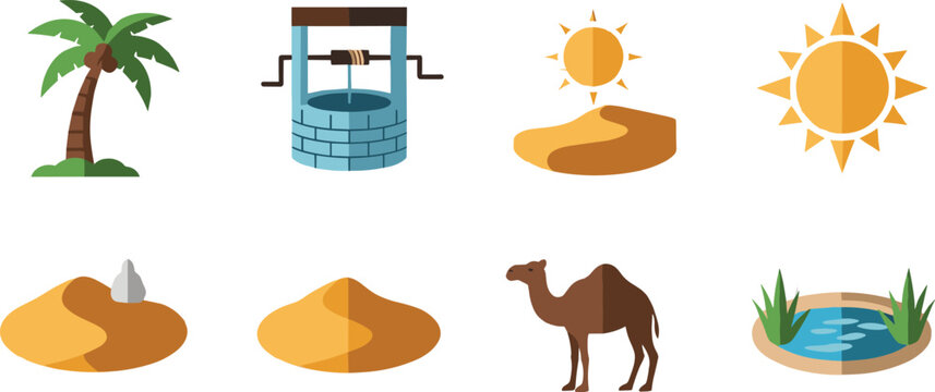 Desert oasis icons set. Flat cartoon elements with palm tree, water well, camel, dunes, sun and pond. Arid landscape collection in simple vector style.