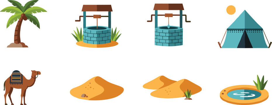 Desert oasis and travel icons set. Flat cartoon elements with palm tree, water well, camel, dunes and tent. Arid landscape collection in vector style.